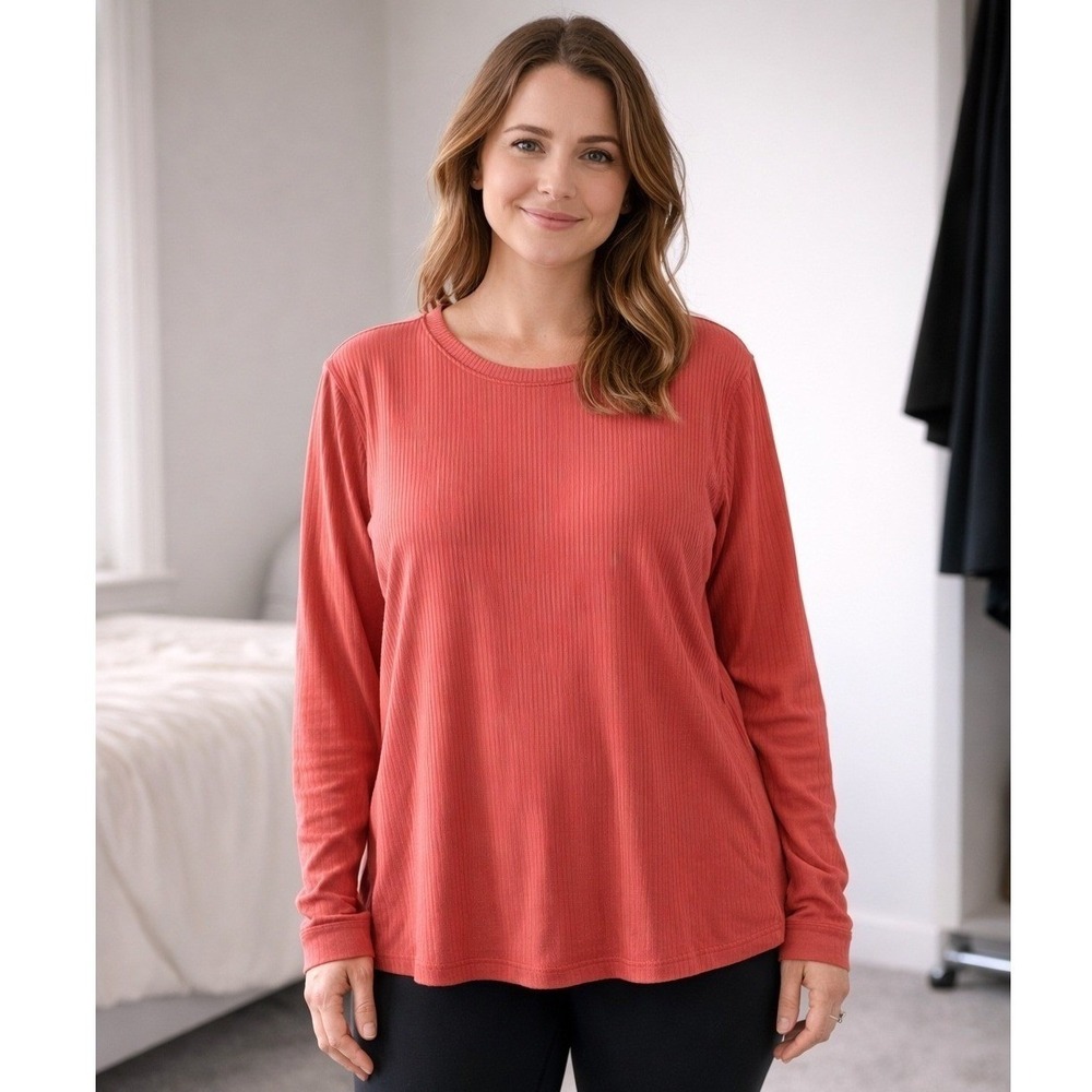 Danskin Womens‎ Ribbed Long Sleeve Activewear Top Terracotta Orange L 0243